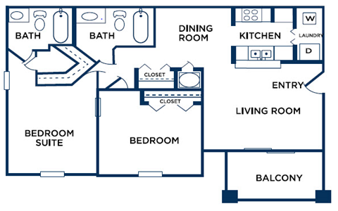 Floor plan for 2 beds, 2 baths, 992 sqft